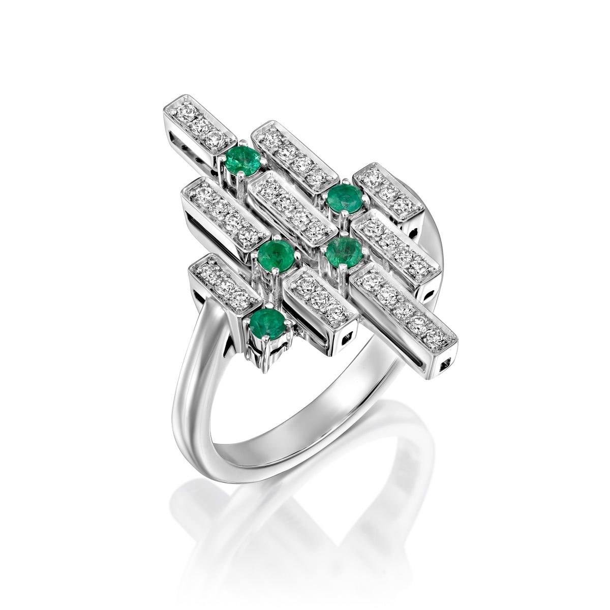 Geometric Diamonds and Emeralds Cocktail Ring